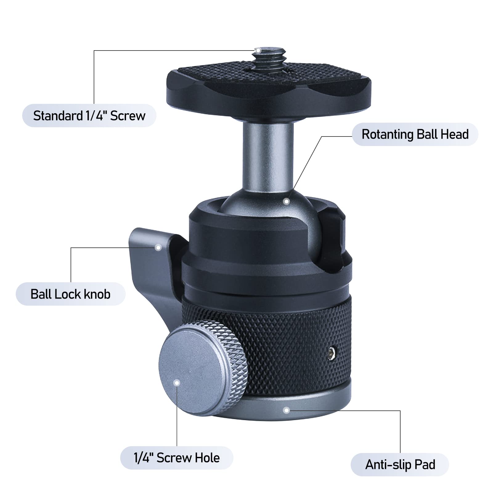 Poyinco Mini Ball Head With 1/4' Screw 3/8' Thread Mount Adapter 360 Degree Rotatable Aluminum Tripod Head For Dslr, Monopod, Phone, Gopro, Camcorder, Max Load 9.9Lbs/4.5Kg