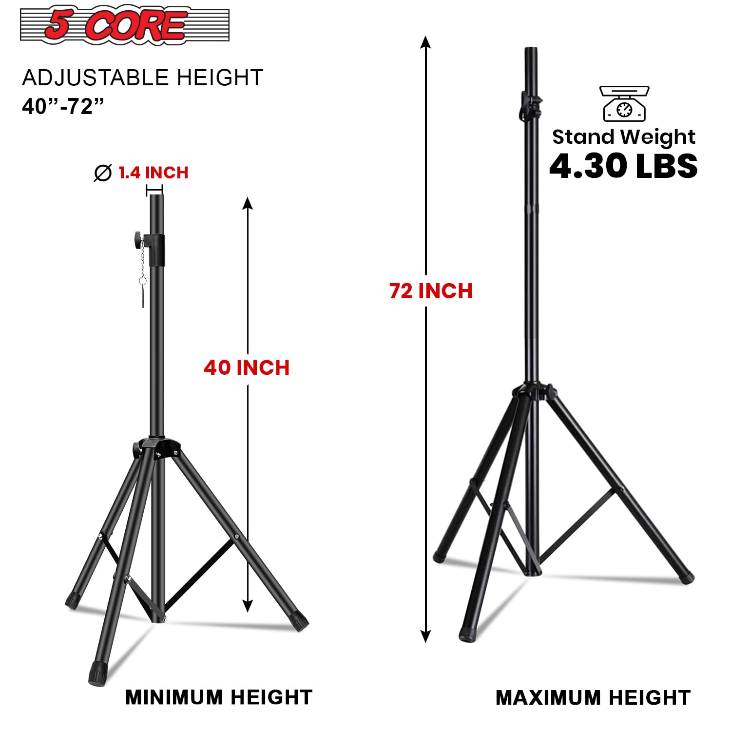 5 Core Speaker Stand Tripod Pair Floor Tall Adjustable Up To 72 Inch Dj Studio Monitor Stands Pole Mount (Yellow)