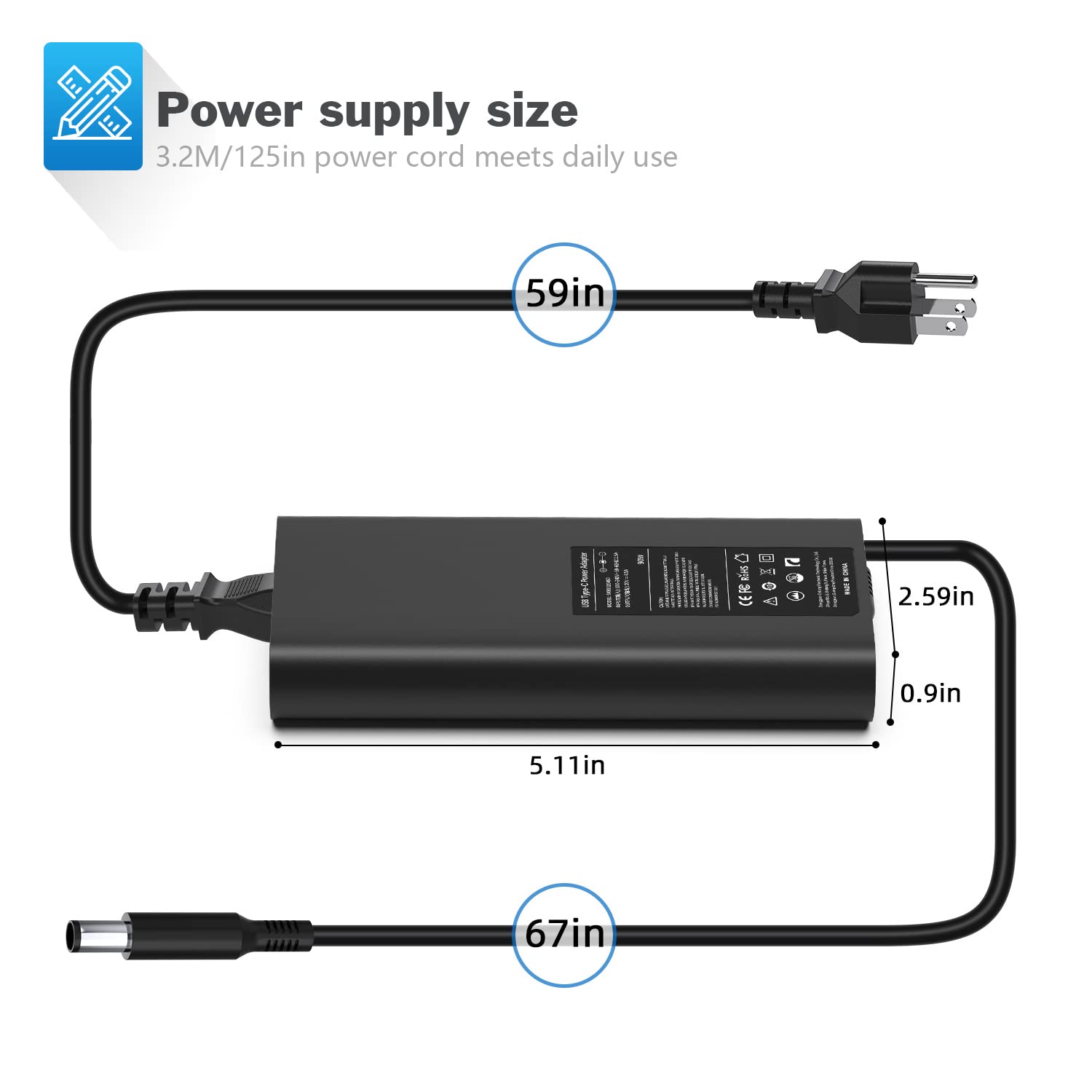 90W Laptop Charger For Dell Latitude E6410 E6420 E6430 E6440 E6540 7490 7390 7480 5490 5580 5480 3190 E5470 E6520 E7440 E7450 With Size 7.4X5.0Mm Power Supply Cord Plug
