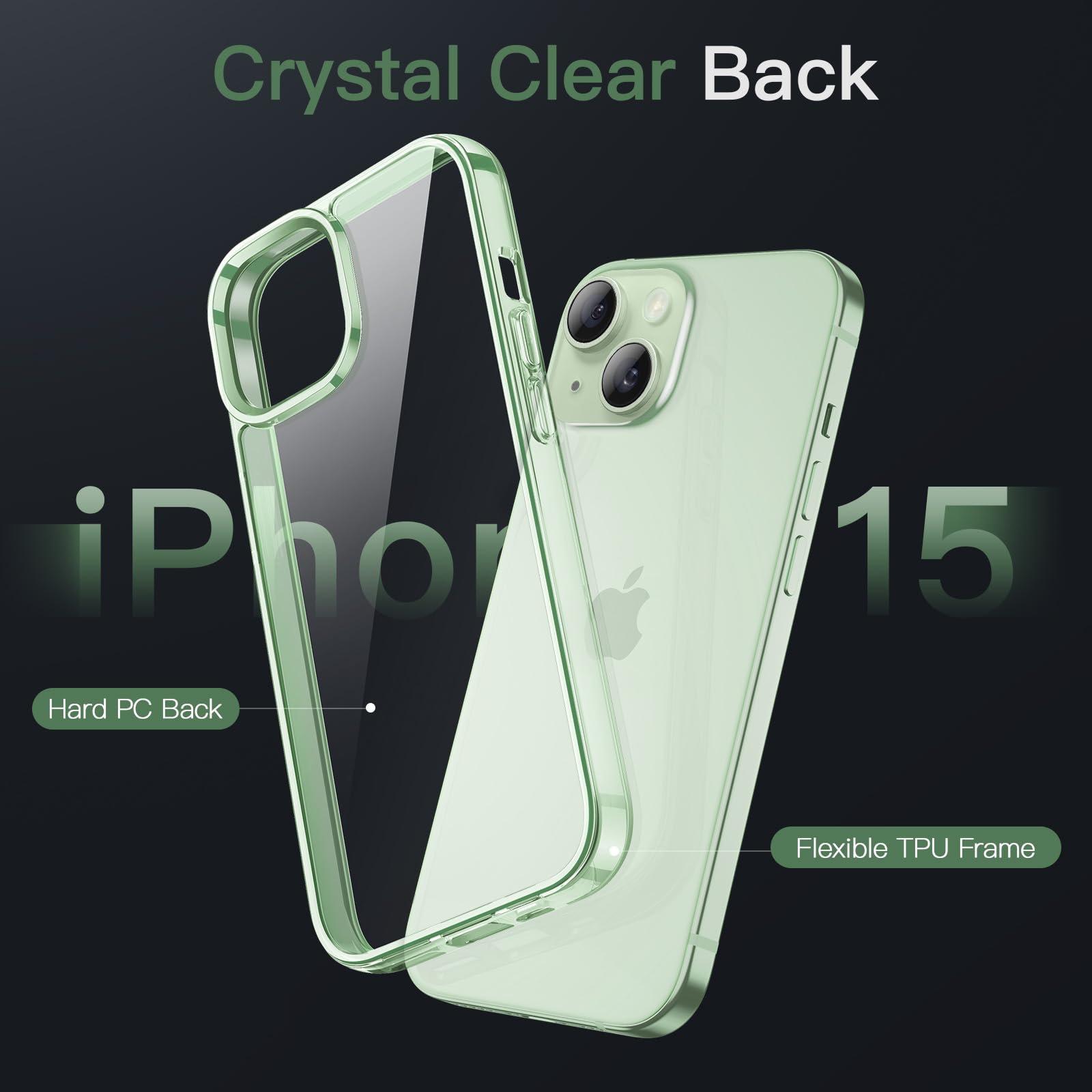 Jetech Case For Iphone 15 6.1 Inch, Non Yellowing Shockproof Phone Bumper Cover, Anti Scratch Clear Back (Green)