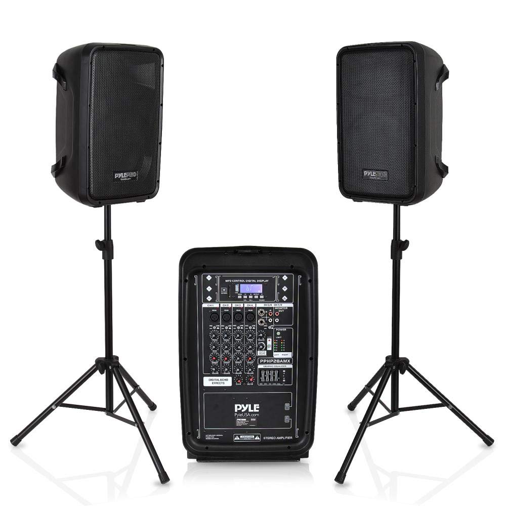 Pyle PA Speaker DJ Mixer Bundle - 300 W Portable Wireless Bluetooth Sound System w/ USB SD XLR 1/4 RCA Inputs - Dual Speaker, Mi