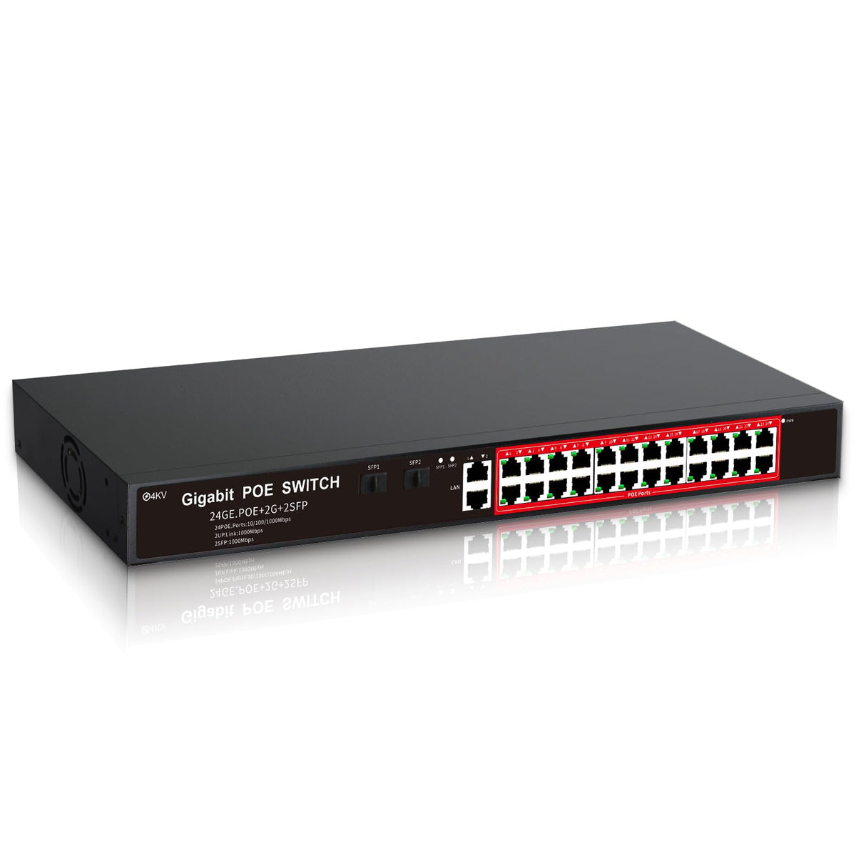 Steamemo 24 Port Gigabit Ethernet Poe Switch 24 Poe Ports@360W, 2 Uplink Gigabit Ports And 2 Sfp Slots, Metal Casing, Fanless, P