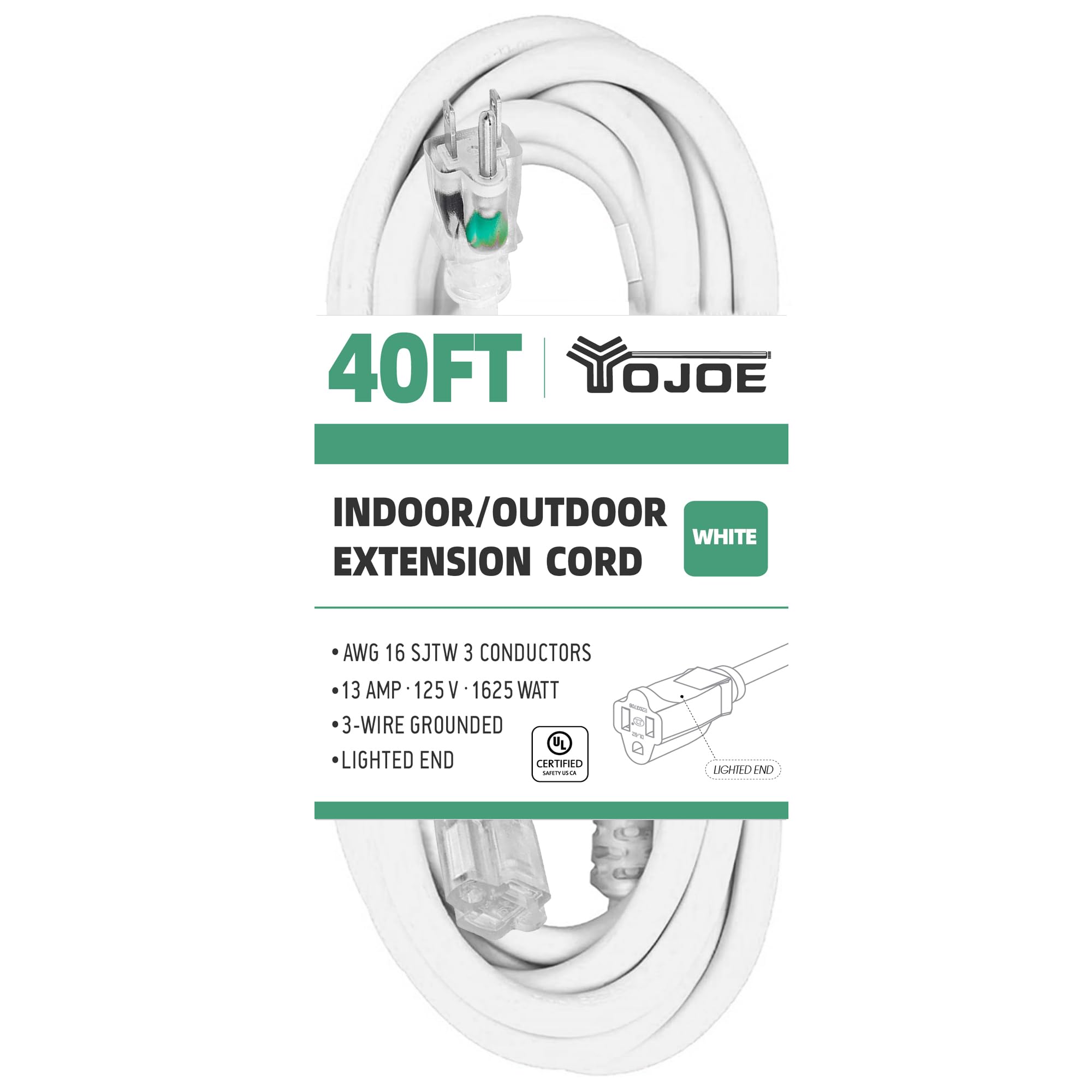 Yojoe Indoor Outdoor Extension Cord With Lighted End, 3 Prong 13A Weatherproof Power Extension Cord, 16 Gauge Heavy Duty 40 Ft W