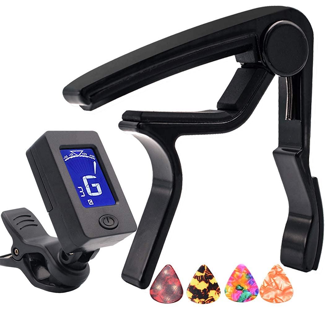 Mustang Capo,Guitar Capo Black With Guitar Tuner ClipOn Tuner For Acoustic Electric Ukulele Guitar
