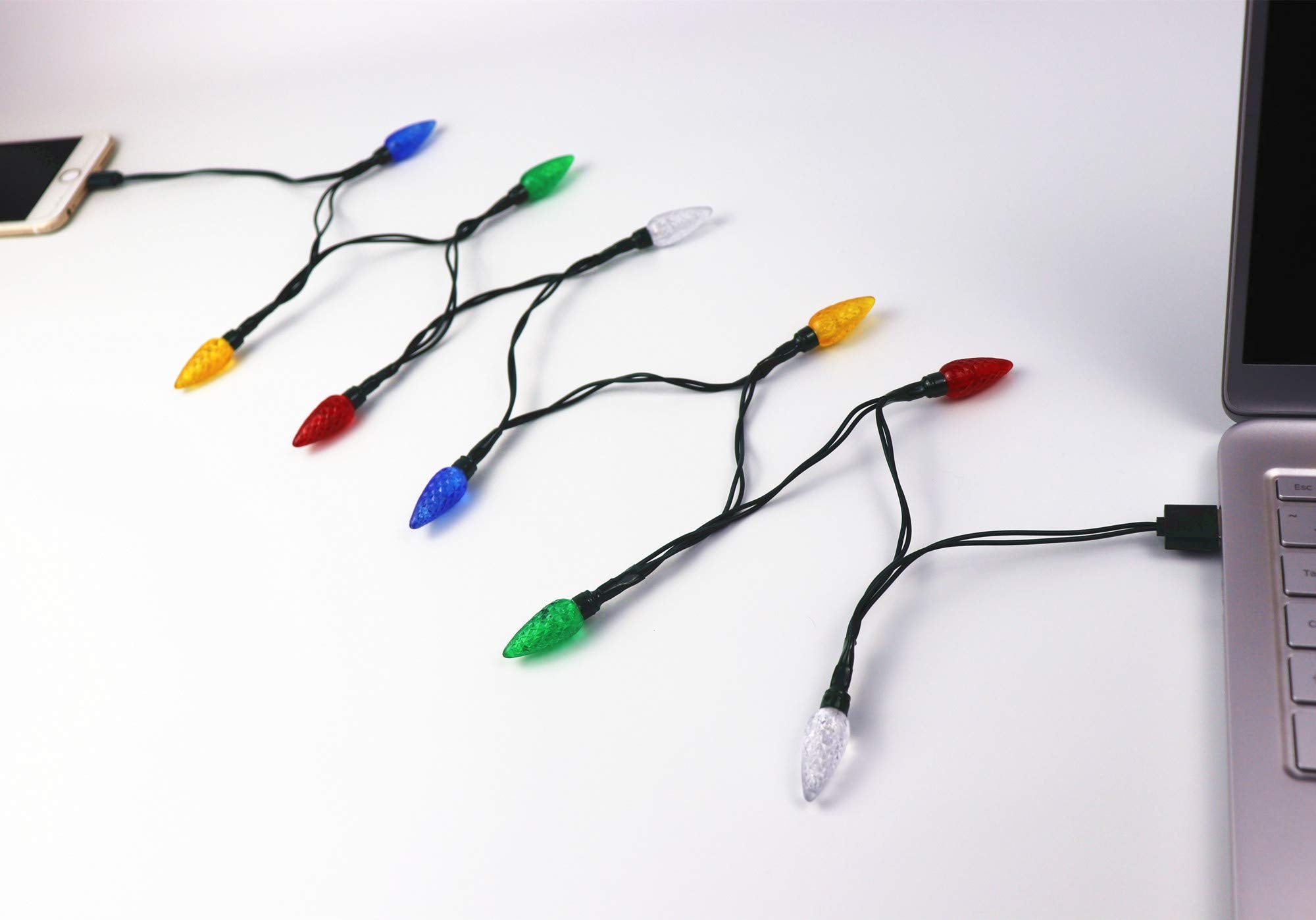Cewuidy YAGE Tale LED Christmas Light Phone Charger Cable, 50in, Multicolor, 10 LED Bulbs, Compatible with iPhone Models (2pcs)