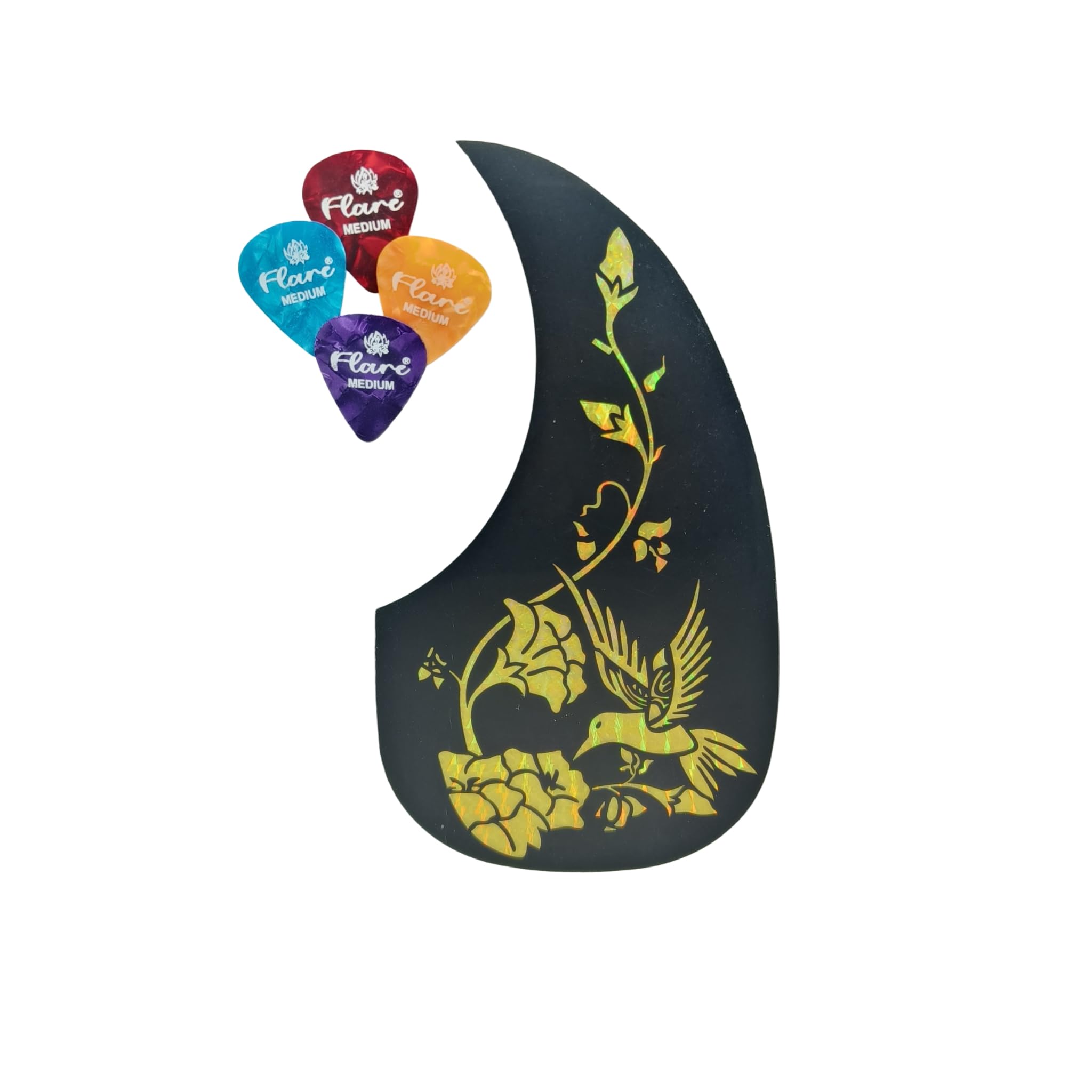 Guitar Scratch Guard Pick Guard, Bird Design In Golden, 4 Flare Medium Guitar Picks Included