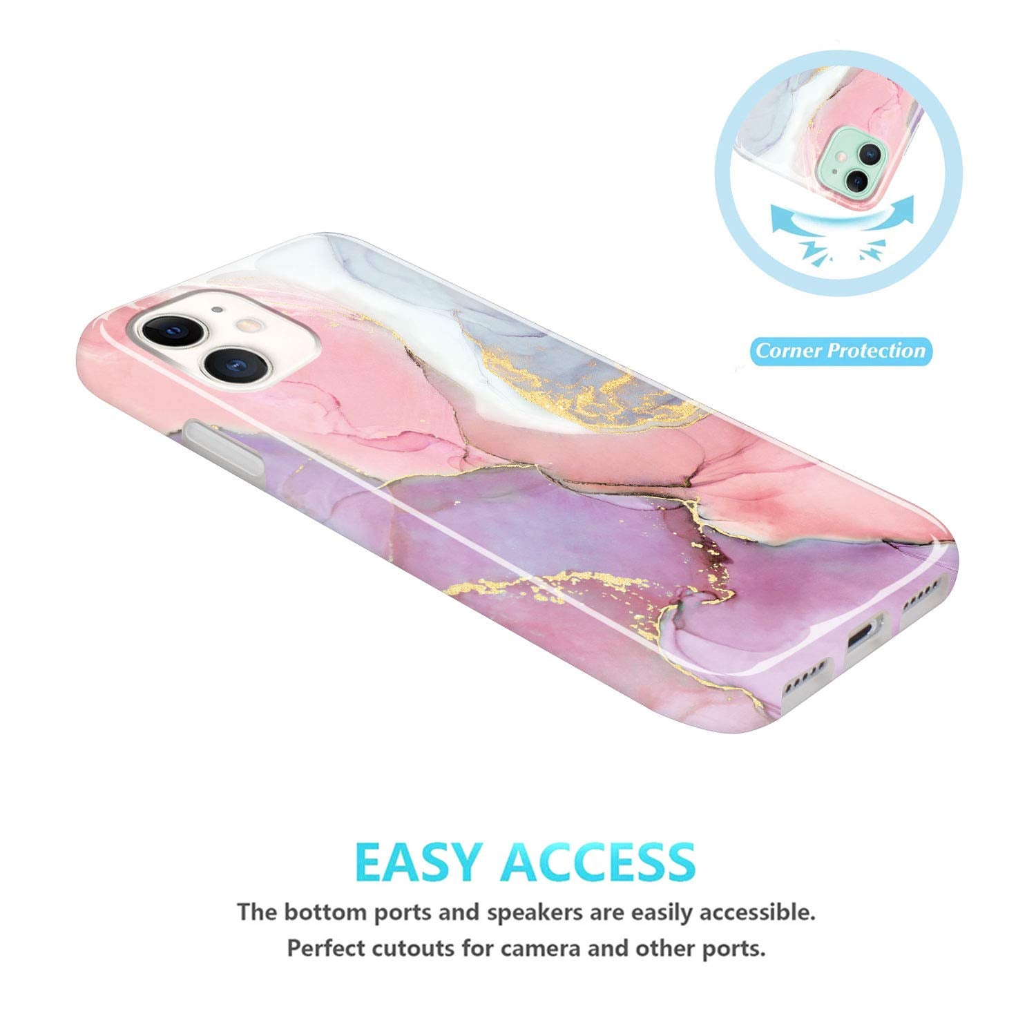 JIAXIUFEN iPhone 11 Case Gold Sparkle Glitter Marble Slim Shockproof TPU Pink Purple 6.1 inch