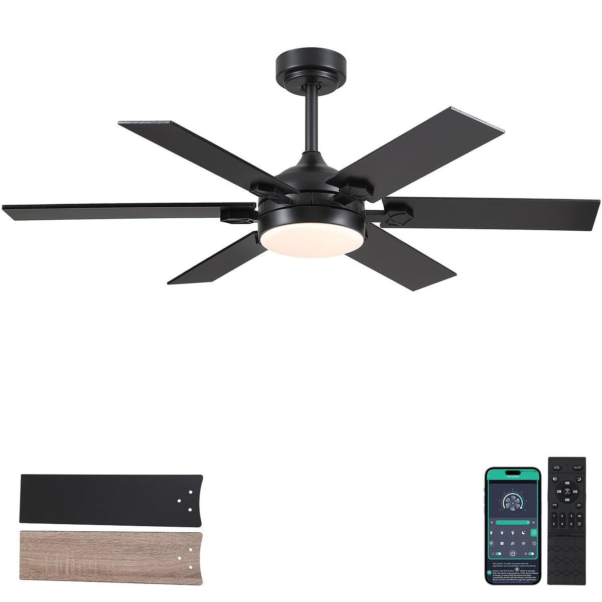 Madshne Ceiling Fans With Lights And Remote,46 Inch Black Outdoor Ceiling Fans With Quiet Reversible Dc Motor, Dimmable 3 Colors