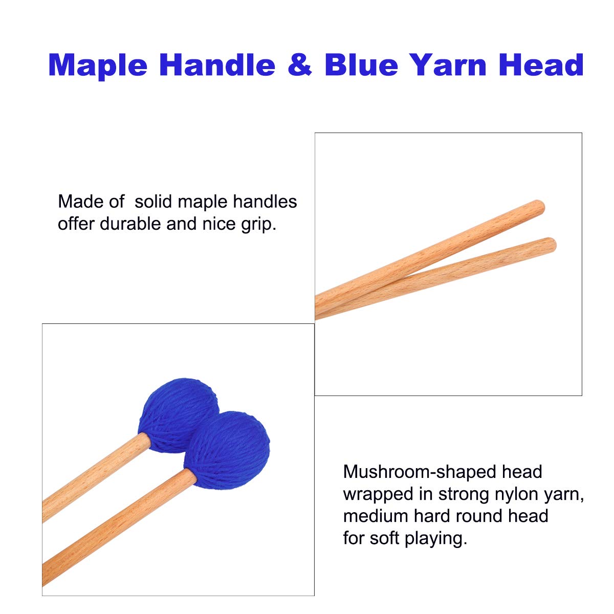Marimba Mallets, Blue Medium Hard Mallets Yarn Head Keyboard Marimba Mallets With Maple Handle, Pack Of 2