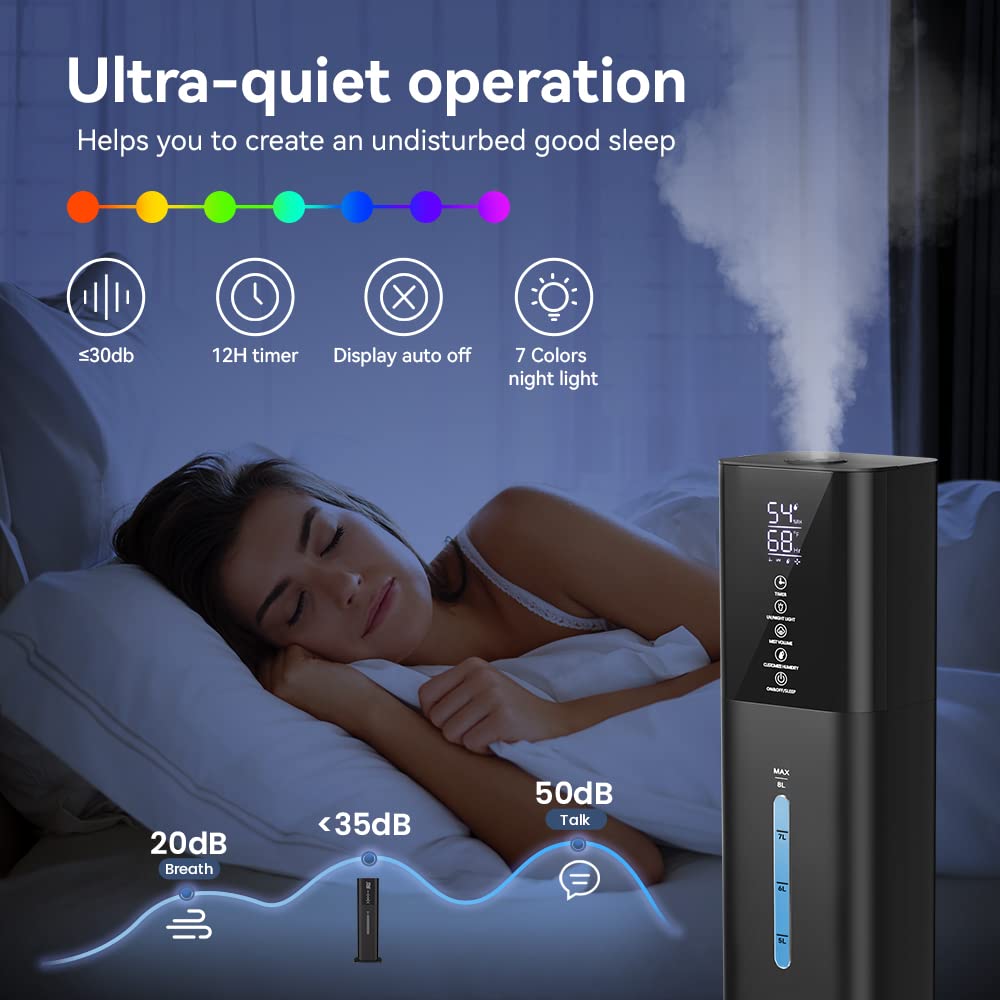 Humidifiers Large Room Bedroom With 7 Colors Light, 2.1Gal(8L) 3 Speed Quiet Ultrasonic Cool Mist Humidifier With 360 Nozzle, Hu