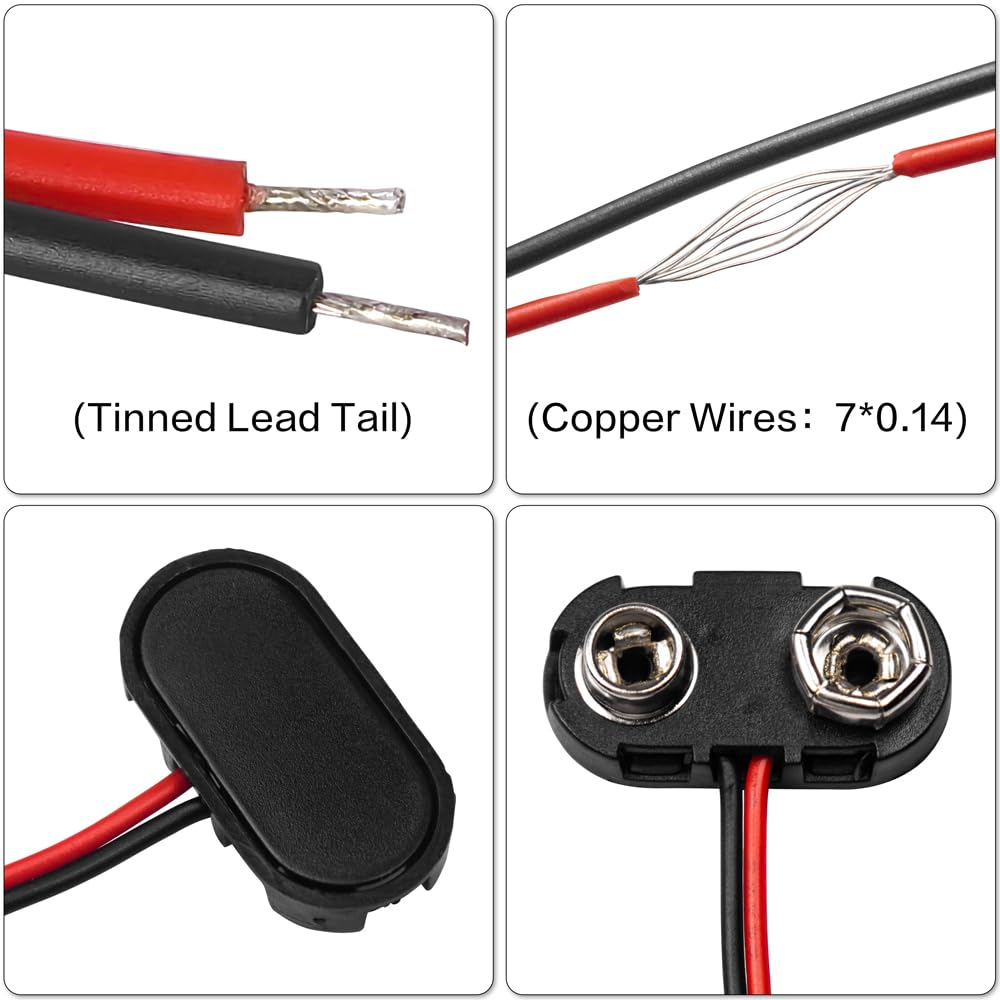 OIUIOME T-Type 9V Battery Clip Connector, Hard Plastic Case, 12 Pack, 15cm Wire Leads