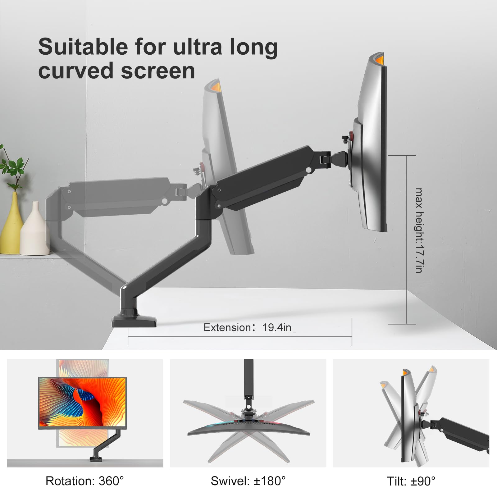 Pholiten Single Monitor Arm Fits 13 32 Inch,4.4 19.8Lbs Monitor, Fully Adjustable Gas Spring Monitor Arm, Computer Monitor Stand
