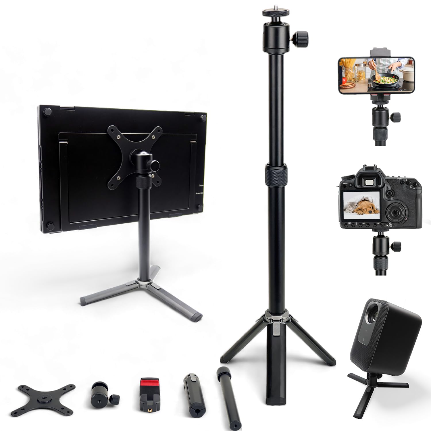 Kado Metal Portable Monitor Stand Tripod, 100x100mm 75x75mm Wall/Arm Mount Adapater Bracket Plate, 360 Ball Head and 1/4 Screw C