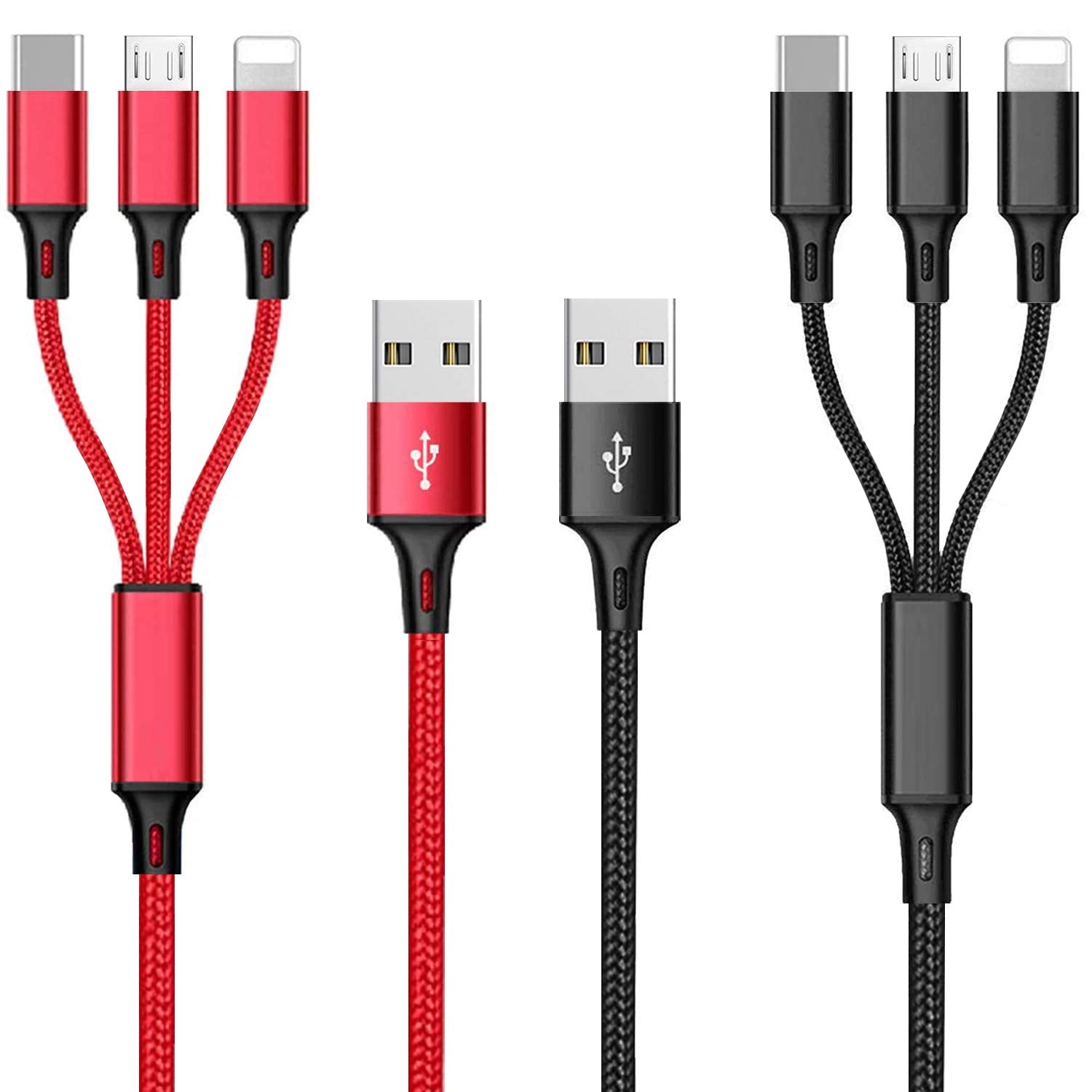 Multi Charging Cable, 4Ft 2Pack Multi Phone Charger Cable Braided Universal 3 In 1 Charging Cord Extra Long Multiple Usb Cable With Usb C, Micro Usb Port Connectors For Cell Phones And More(Red+Black)