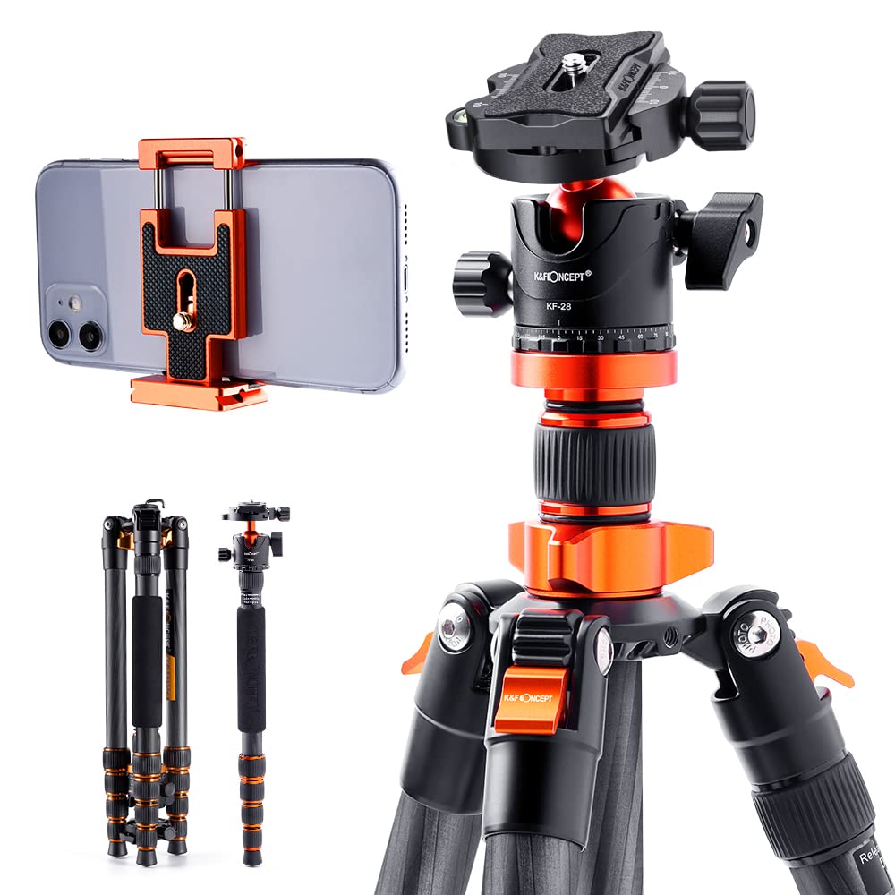 K&F Concept 68' Carbon Fiber Camera Tripod,Compact Tripods With Metal Ball Head,Quick Release Plate,Detachable Monopod 10Kg Load For Dslr Cellphone Tripods(Sa255C1) D255C4+Bh 28L