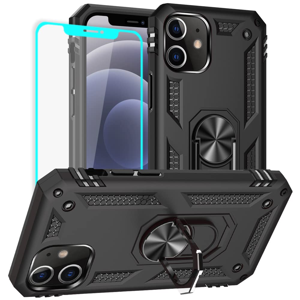 Yiakeng for iPhone 12 Case - iPhone 12 Pro Case: Screen Protector Military Grade Protective Cases with Ring for - iPhone 12 Blac