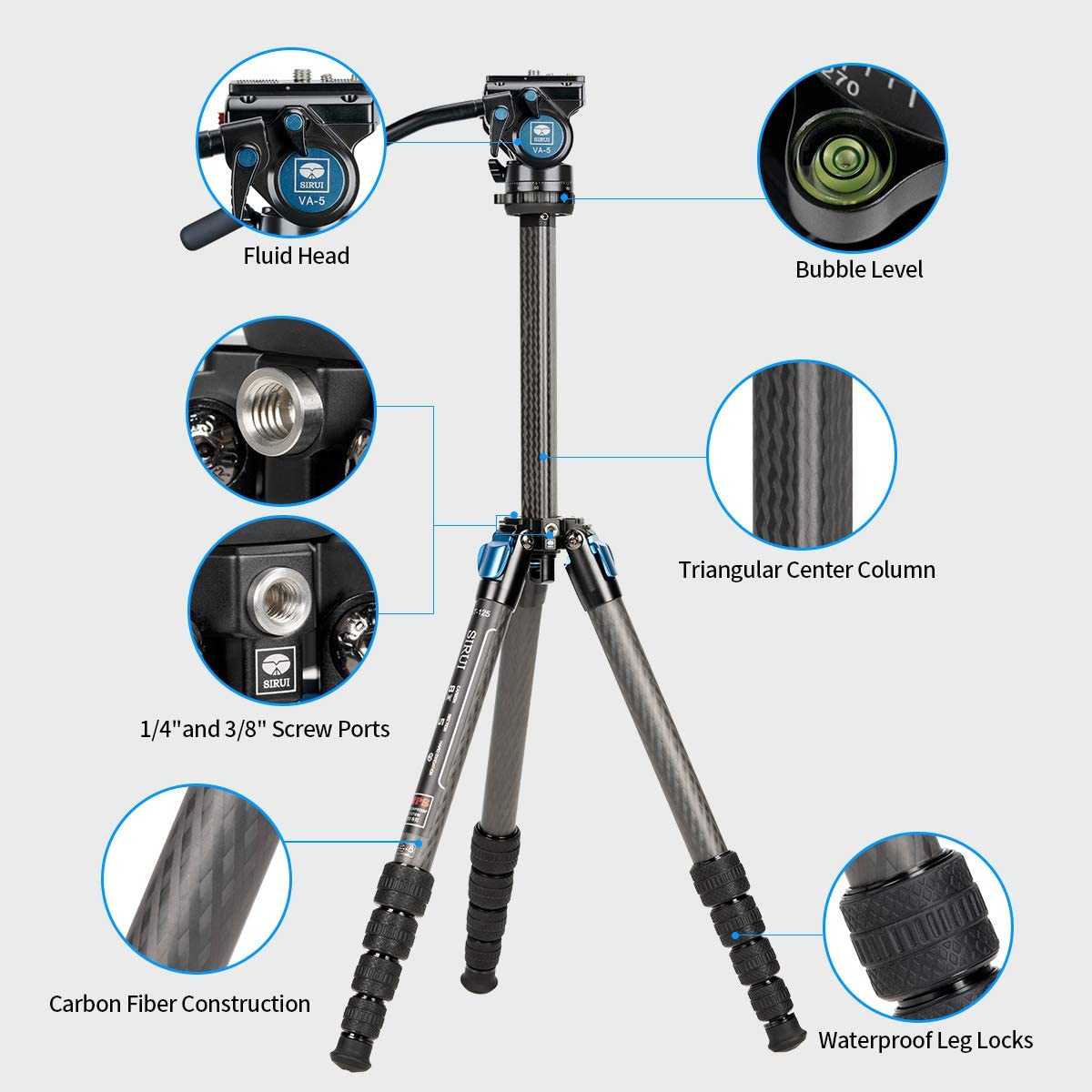 Sirui St 125+Va 5 Carbon Fiber Tripod With Fluid Video Head, Triangular Centre Column, Waterproof, Travel Tripod For Cameras, 4