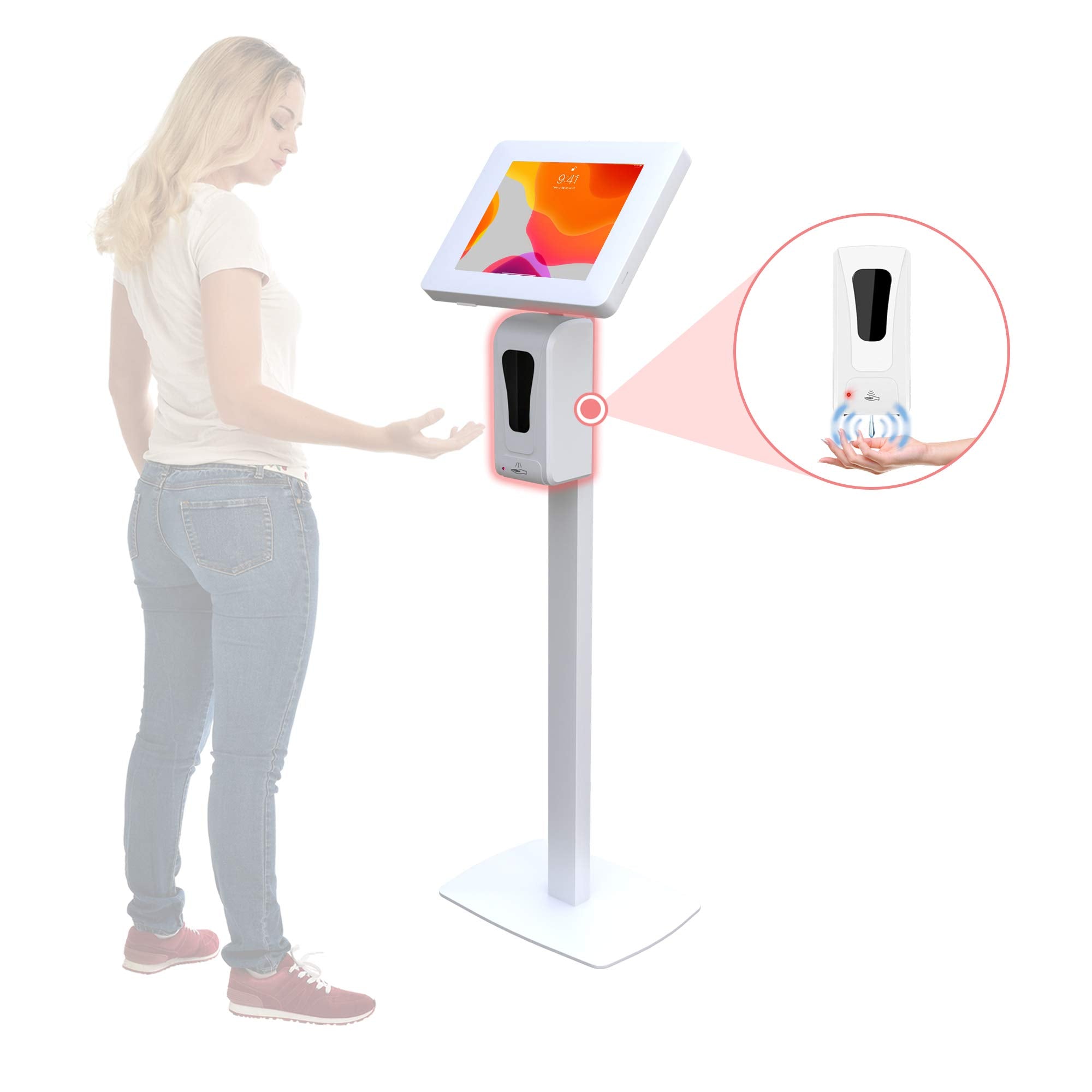 Cta Digital: Premium Thin Profile Floor Stand With Security Enclosure And Automatic Soap Dispenser For 9.7'' To 11'' Tablet, Whi