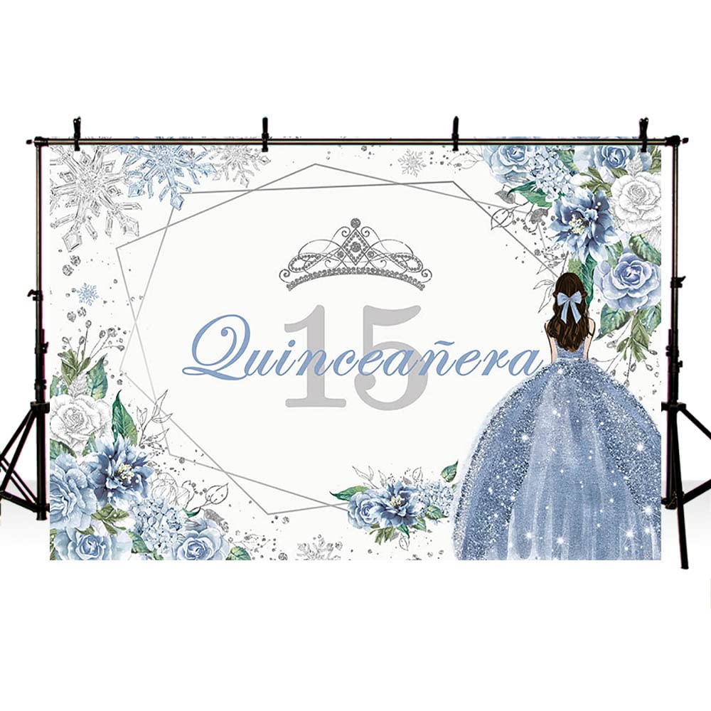 Sendy 7X5Ft Quinceanera 15Th Birthday Backdrop For Sweet Girl Mis Quince Anos 15Th Birthday Party Decorations Blue Silver Glitte