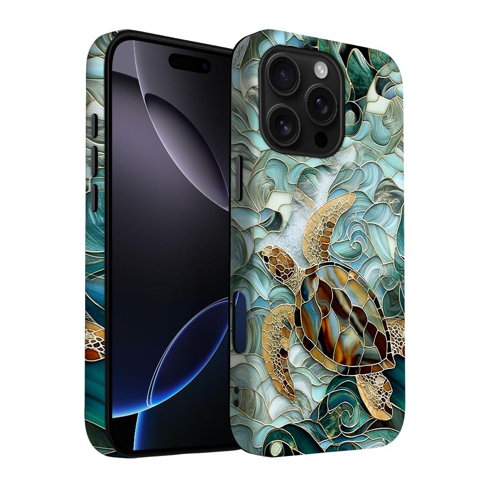 Yuzbira for iPhone 16 Pro Max Case | Stained Glass Ocean Sea Turtles | Slim Drop Protection Design