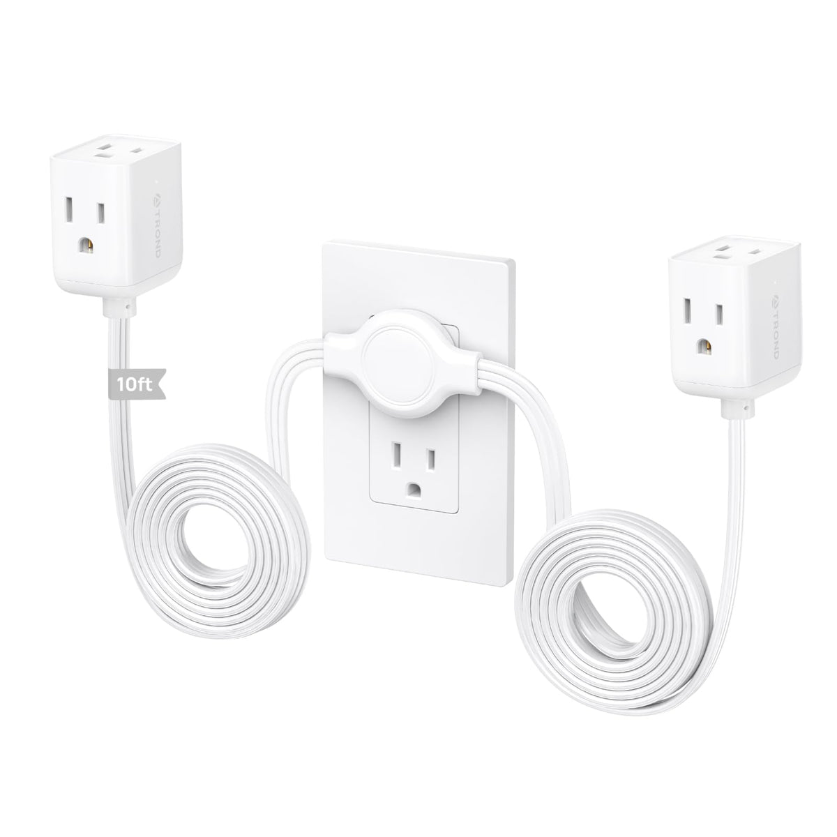 Trond Split Extension Cord Power Strip, Twin 10Ft On Each Side, Low Profile Flat Plug, Dual 3 Outlet Extender Cubes, 3 Prong Gro