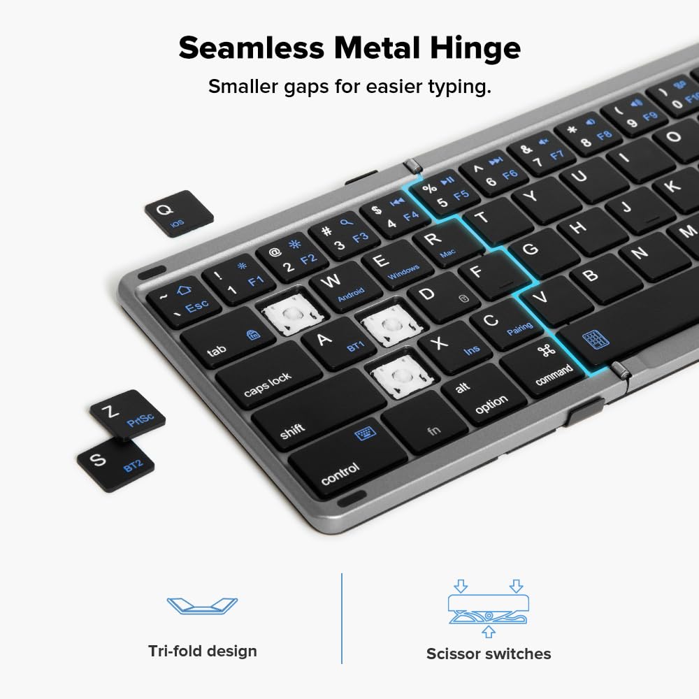 DeLUX Tri-fold Wireless Keyboard with Touchpad, Rechargeable Portable Folding Design, KF18, Compatible with iOS/Android/Windows