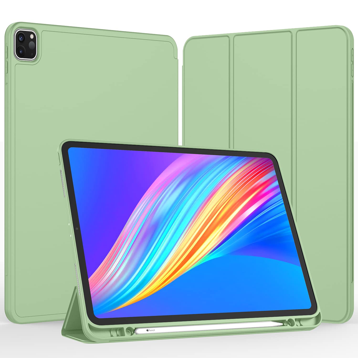 Imieet Ipad Pro 12.9 Inch Case 2022/2021/2020/2018 (6Th/5Th/4Th/3Rd Gen) With Pencil Holder [Support Ipad 2Nd Pencil Charging],Trifold Stand Smart Case With Soft Tpu Back,Auto Wake/Sleep(Matcha Green)