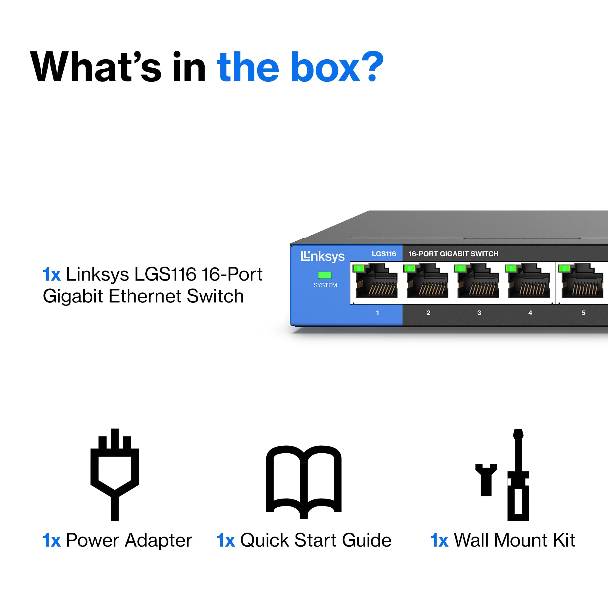 Linksys Lgs116 16 Port Gigabit Unmanaged Network Switch - Home / Office Ethernet Switch Hub With Metal Housing - Wall Mount Or D