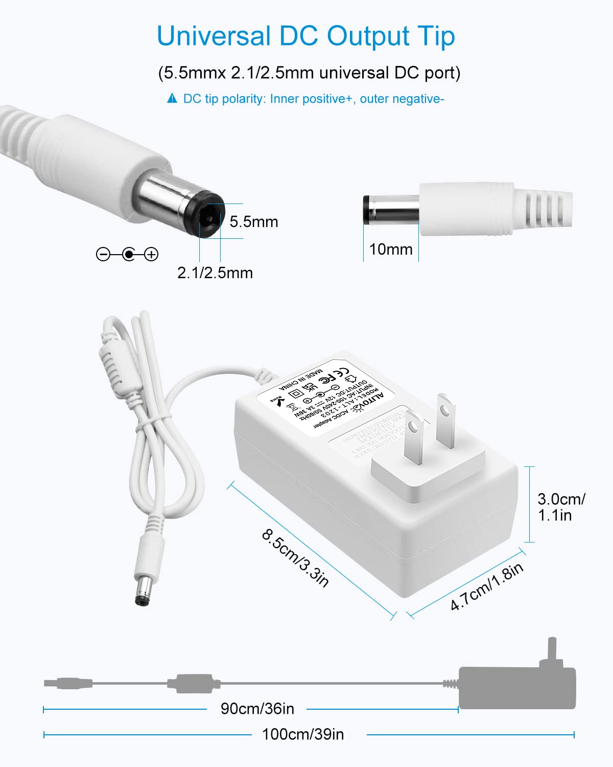 Alitove 12V Power Supply 12 Volt 3A 36W Ac/Dc Adapter White Dc 12V Power Cord 12V 2.5A 2A 1.8A 1.5A Ac To Dc Converter With 5.5X