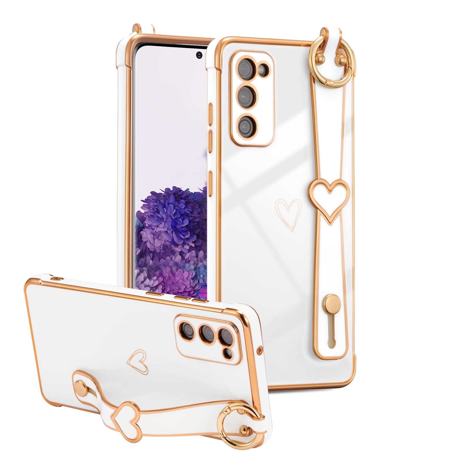 Ztofera Designed For Samsung Galaxy S20 Fe 5G Case,Luxury Plating Edge Love Hearts Pattern With Wristband Kickstand Camera Lens