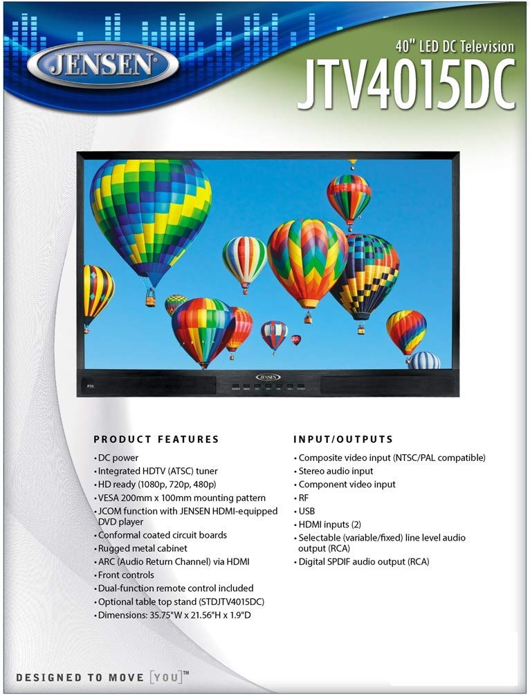 Jensen Jtv4015Dc Widescreen 40 Led Dc Television, 1920 X 1080 Resolution, 200 Cd/M2 Brightness, 5000:1 Contrast Ratio, 89 View A