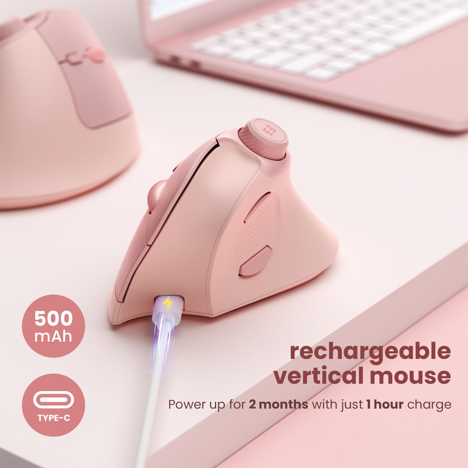 Seenda Ergonomic Mouse Rechargeable, Vertical Wireless Mouse With Volume Knob, Quiet Clicks, 3 Device Connection (Bluetooth Or Usb), Optical Mice For Windows, Pc And Mac  Rose