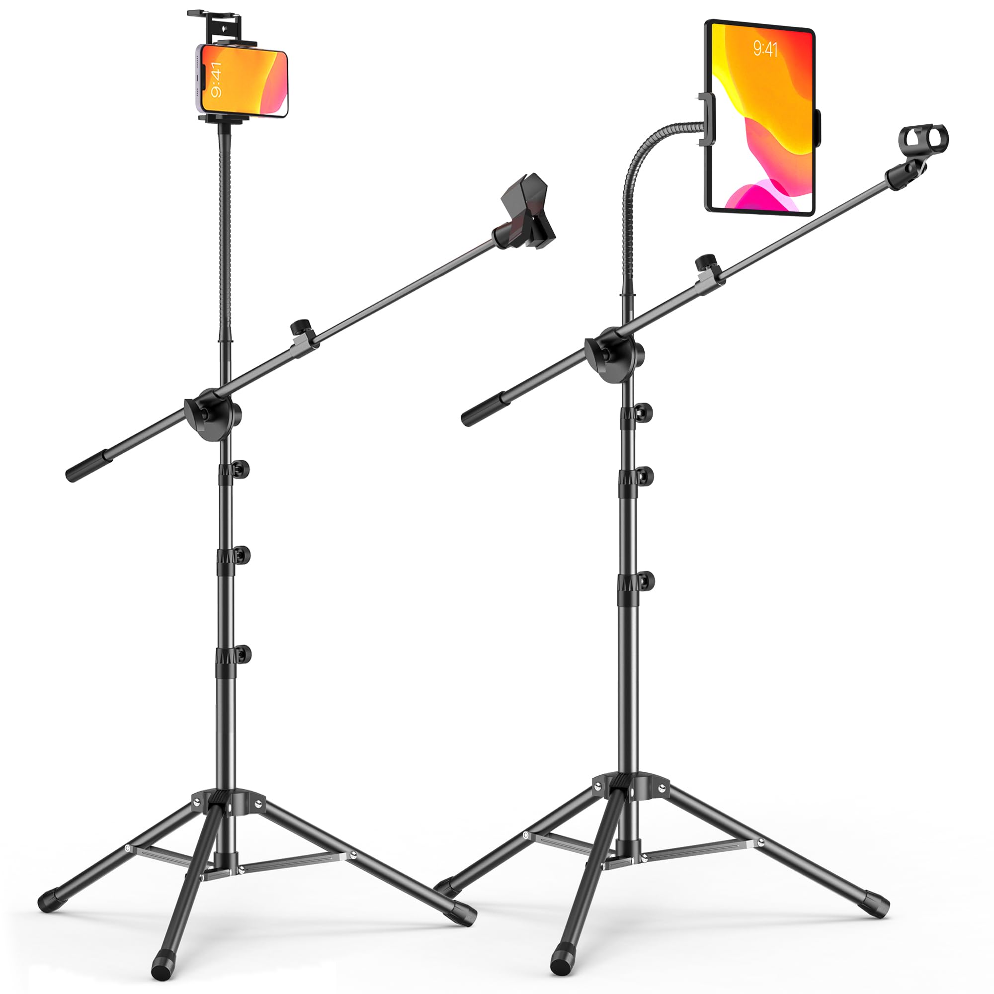 Microphone Stand With Ipad Clip, Floor Foldable Mic Stand With Phone Clip,Heavy Duty Tripod Boom Arm With 2 Mic Clips And Carryi