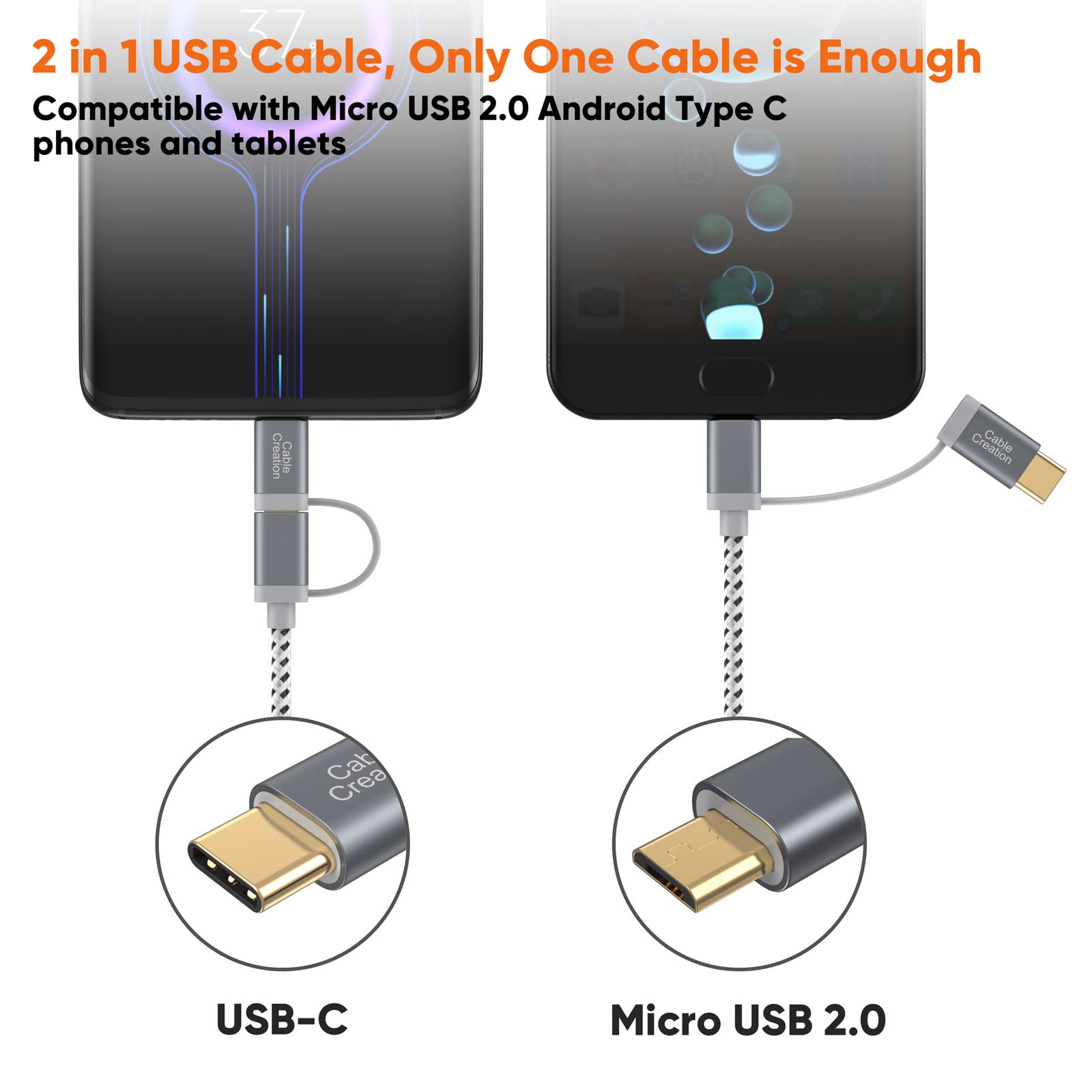 Cablecreation 2 In 1 Usb C Cable 0.8Ft, Braided Micro Usb + Usb C To Usb A Fast Charge Cord Compatible With Galaxy S22 Ultra Not