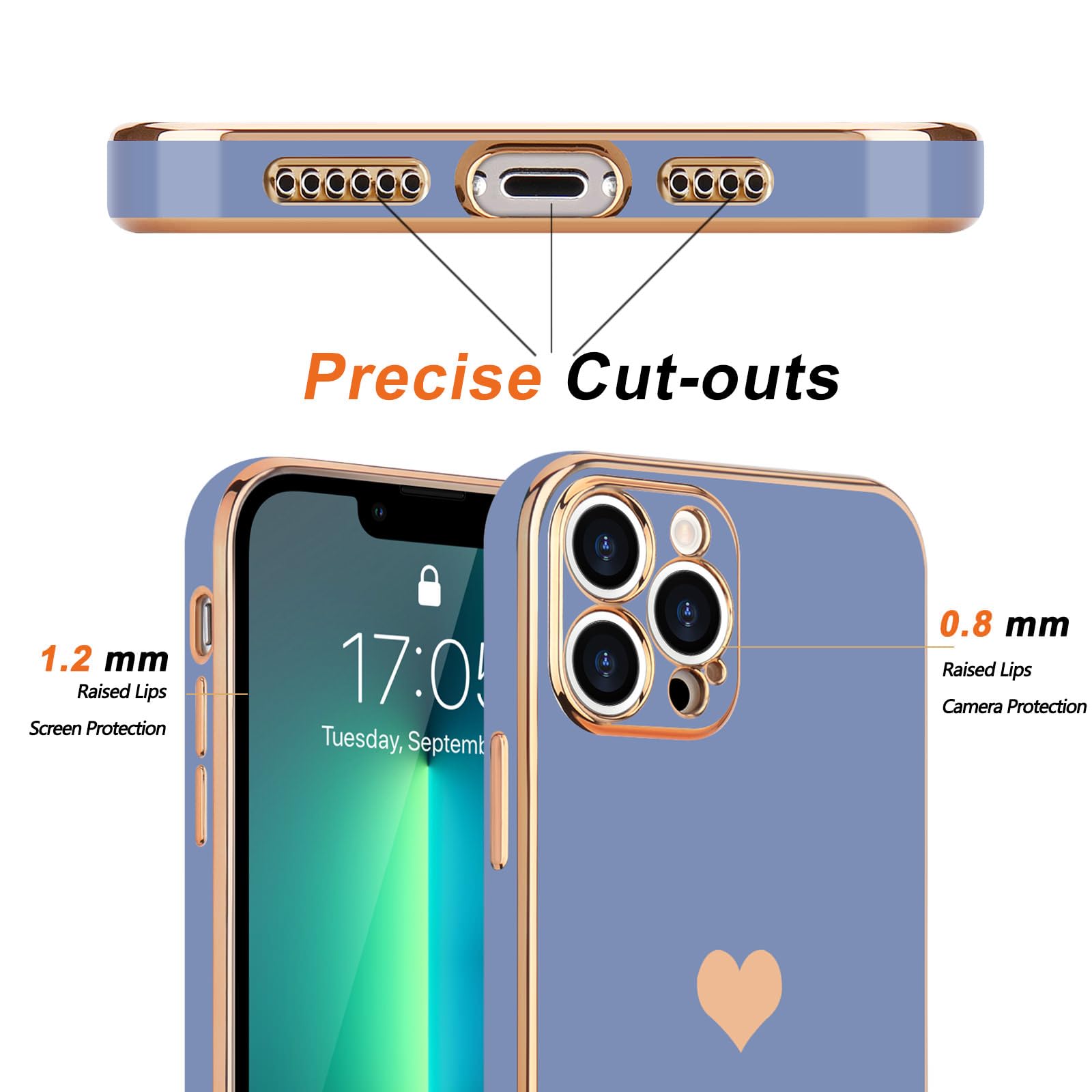 Teageo For Iphone 13 Pro Case For Women Girl Cute Love Heart Luxury Bling Plating Soft Back Cover Raised Full Camera Protection