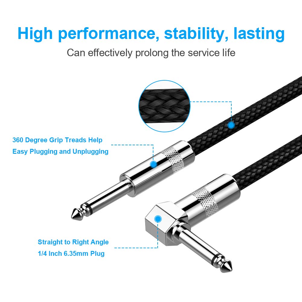 New Bee Guitar Cable 20 Ft Electric Instrument Cable Bass Amp Cord 1/4 Straight To Straight For Electric Guitar, Bass Guitar, Electric Mandolin, Pro Audio (Right Angle)