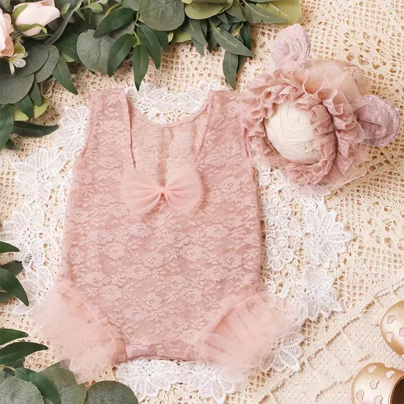 Holibeat Newborn Girl Lace Photography Props Baby Girl Photoshoot Outfits With Bear Hat Infant Girl Pink Lace Romper Costume 0 1