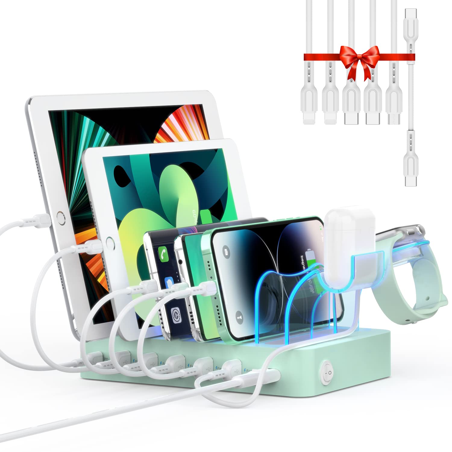 Soopii 60W/12A 6 Port Charging Station For Multiple Devices, Pd 20W Usb C Fast Charging For Lphone 14/13/12,6 Short Cables Inclu