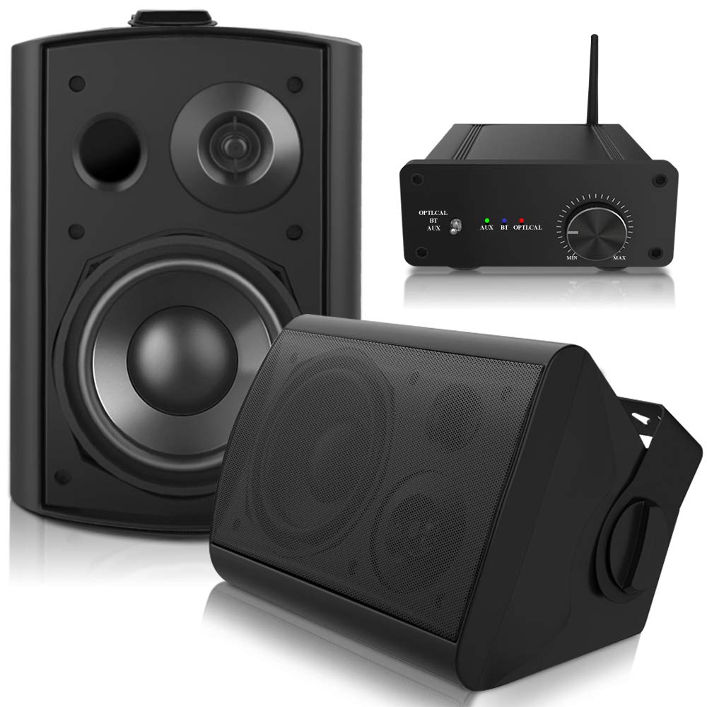 Pohopa 5.25 Inch Outdoor Speakers With Bluetooth Stereo Amplifier Receiver | All Weather Durability | Broad Sound Coverage | Speed Lock Mounting System (Black)