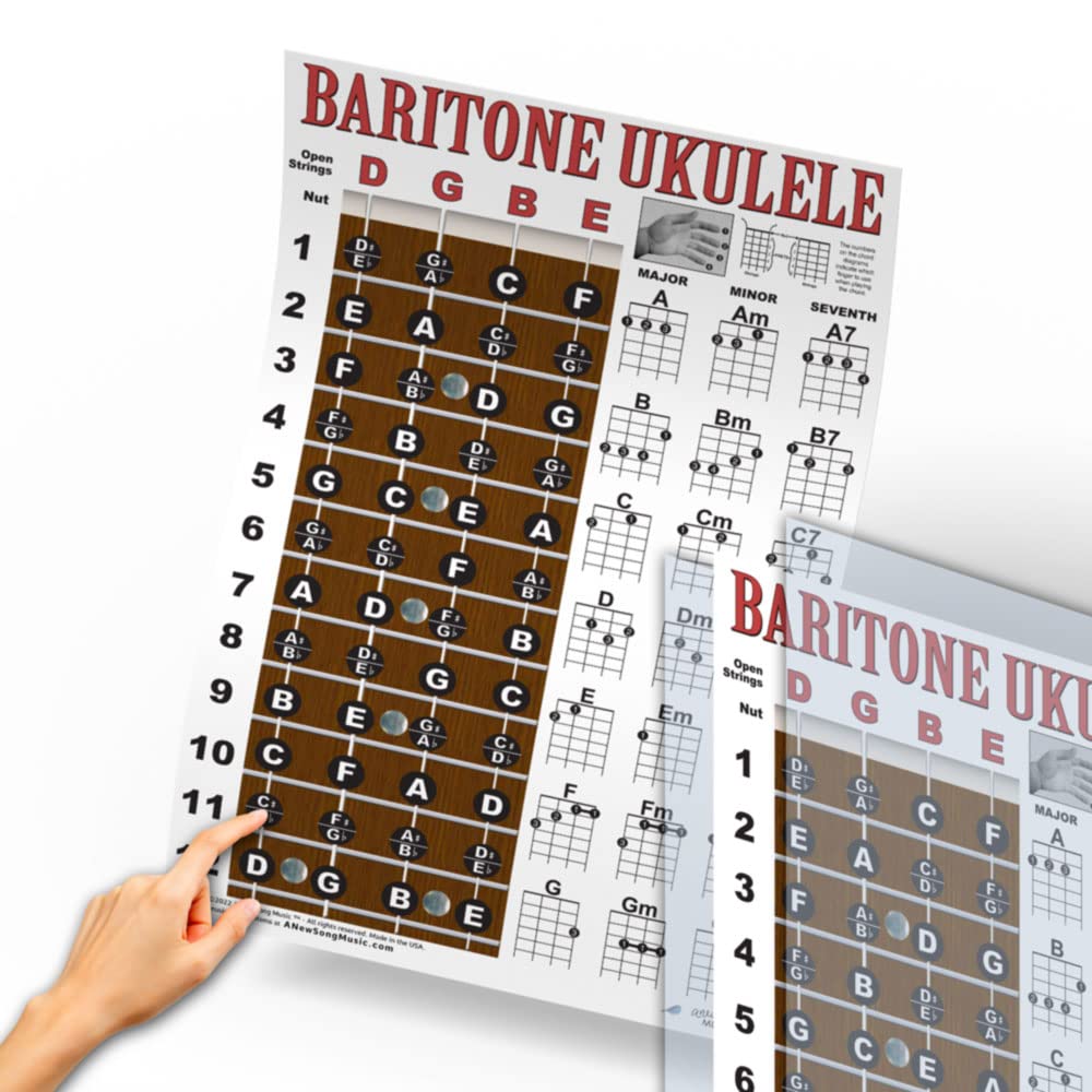 Laminated Baritone Ukulele Fretboard Notes & Easy Beginner Chord Chart 11''X17'' Instructional Poster For Bari Uke By A New Song