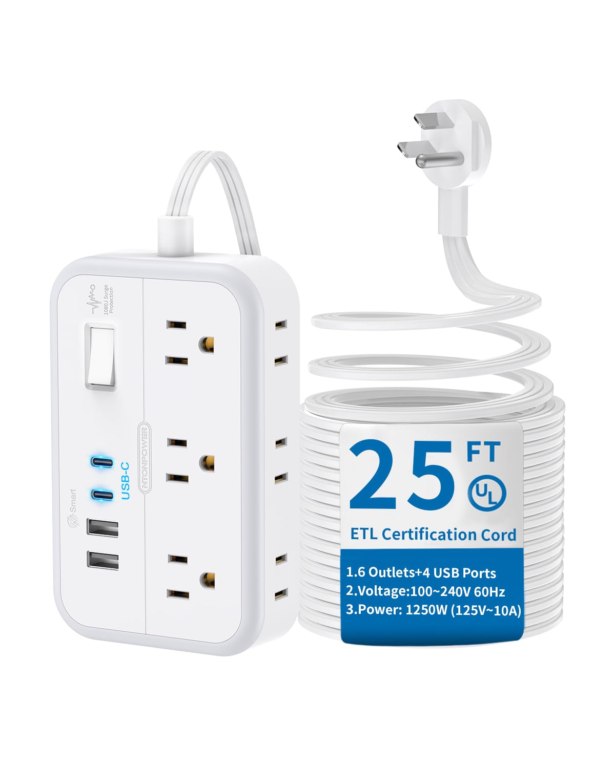 Flat Extension Cord 25 Ft, Ntonpower 2 Side Outlet Extender Surge Protector Power Strip With 6 Outlets 4 Usb Ports, Mounted, Ove