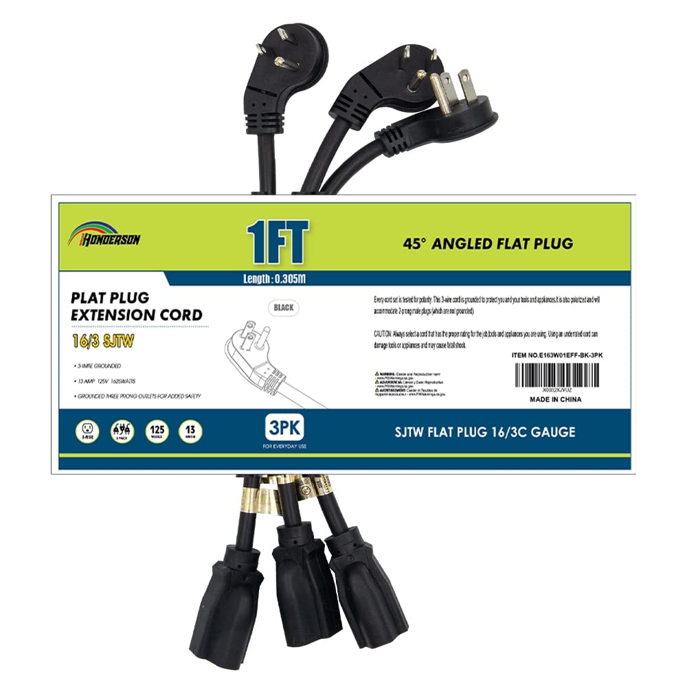 Honderson 3 Pack Flat Plug Indoor Extension Cord, Ul Listed, 16 Gauge 1Ft Black 3 Prong Heavy Duty Extension Cord, 16/3 Sjtw 13A