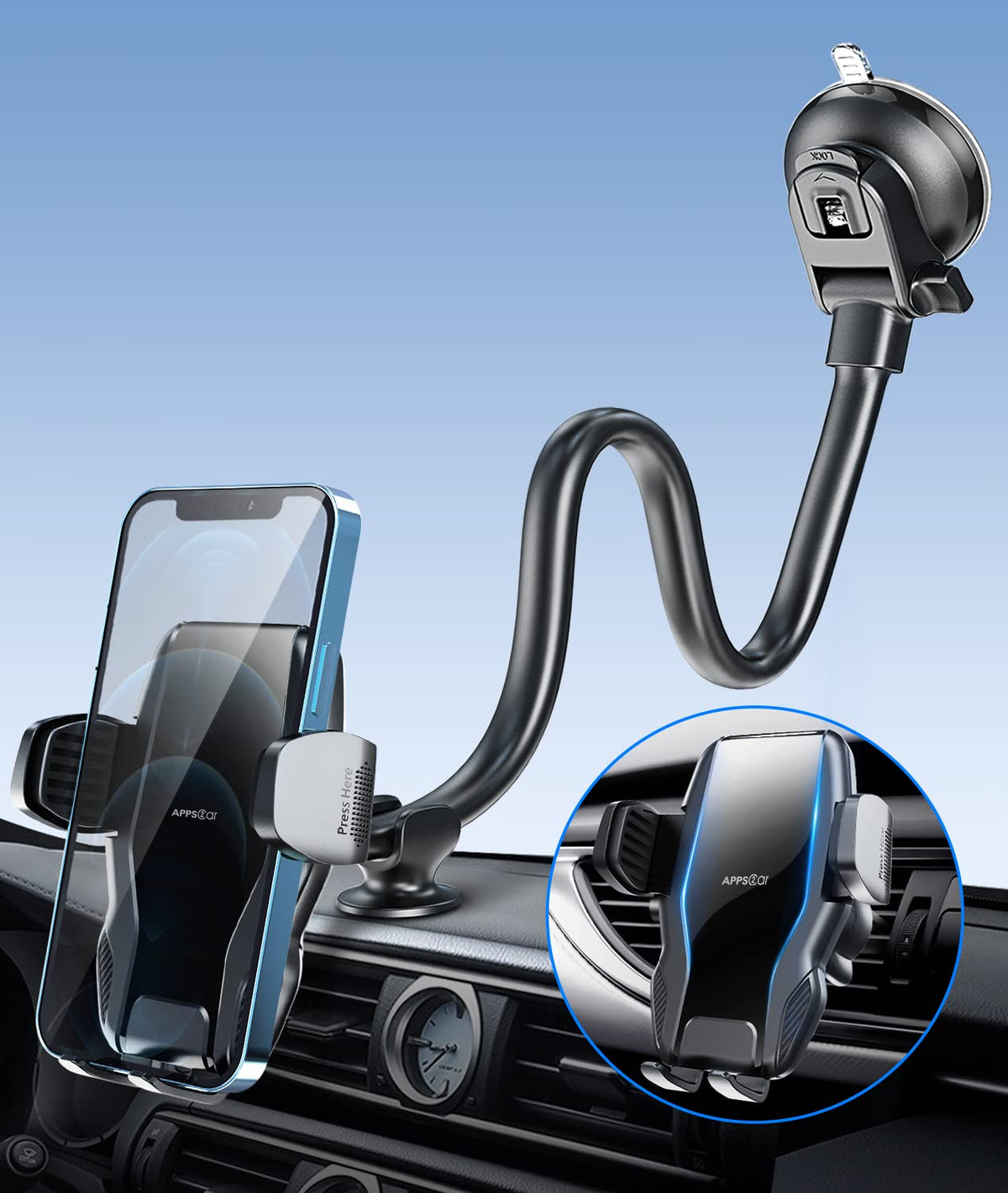 Apps2Car Phone Holder For Car Windshield/Dashboard/Window, Cell Phone Mount For Car Truck, Compatible With Iphone, Samsung, Google, Lg And More