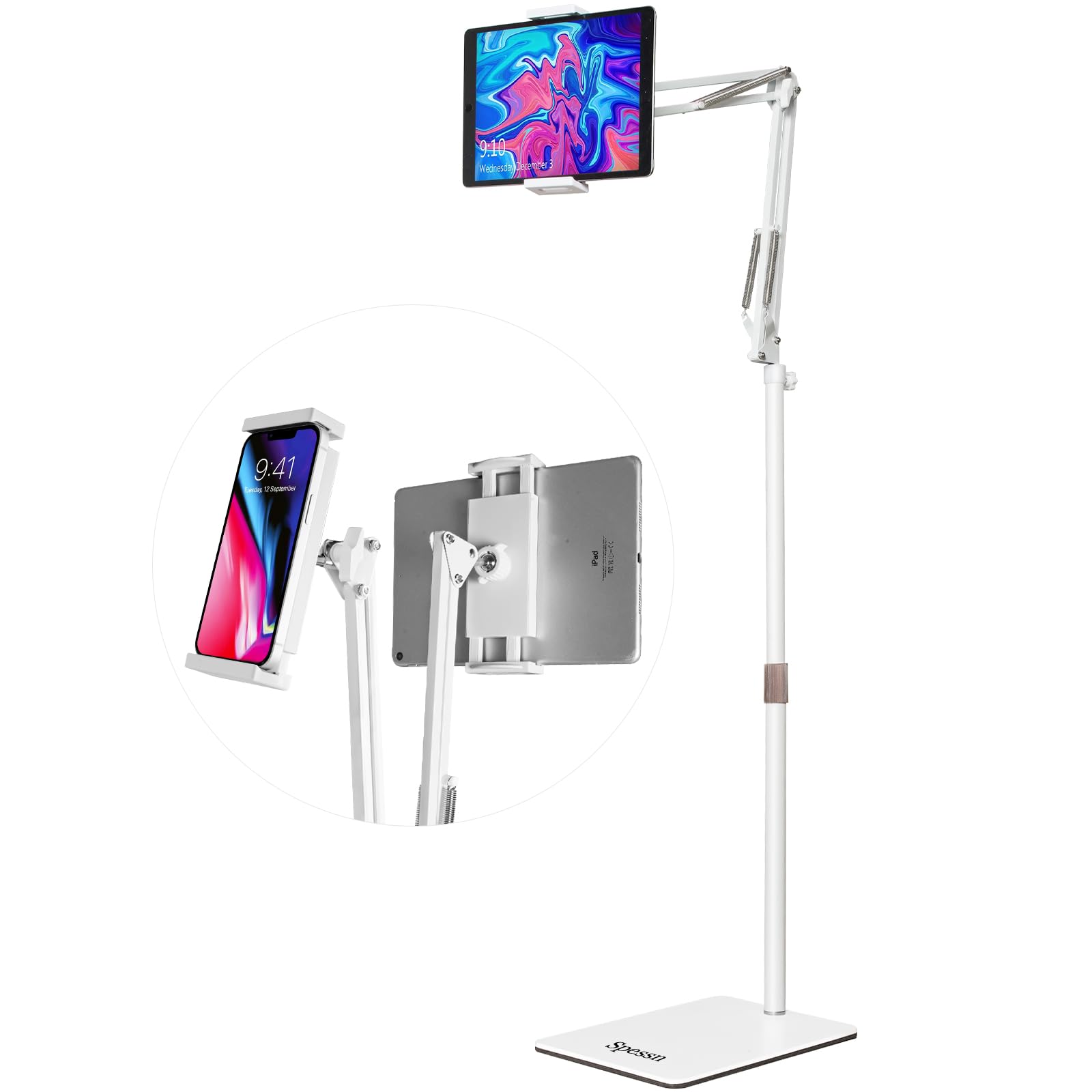 Spessn Tablet Floor Stand, Overhead Bed Phone Mount, Height Adjustable Universal Metal Tablet Holder, Phone Stand For Ipad/Iphon