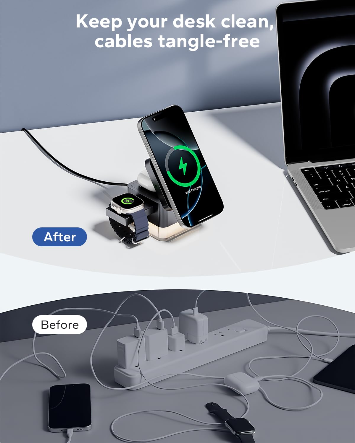 Kpon For Iphone Nightstand Charging Station,15W 3 In 1 Wireless Phone Charger Stand With Night Lamp, Travel Foldable Magnetic Cu