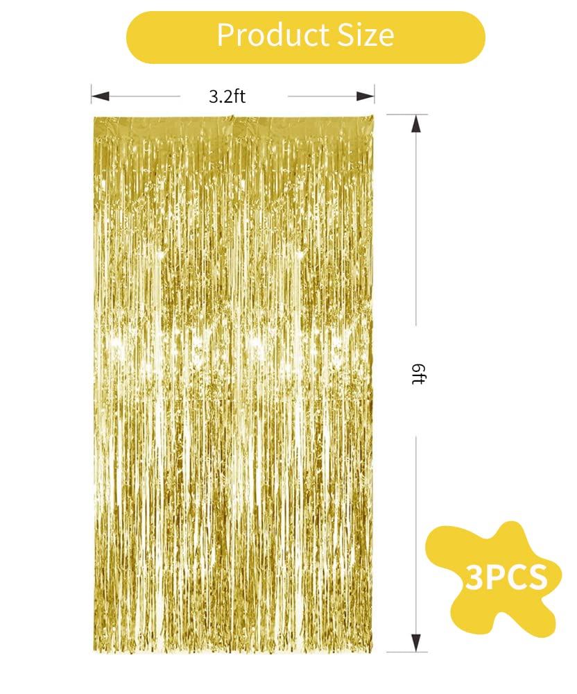 Toniful 3Pcs Gold Door Streamers,Gold Photo Booth Backdrop Metallic Streamers Gold Foil Fringe Curtains For Birthday,Christmas,N