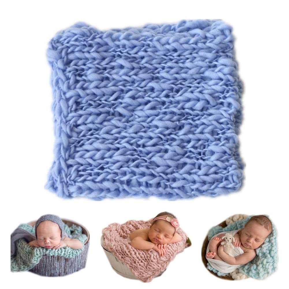 Coberllus Newborn Baby Photo Props Blanket Handmade Knitted Twist Wrap Posing Aid Backdrops For Boy Girls Photography Shoot (Blu
