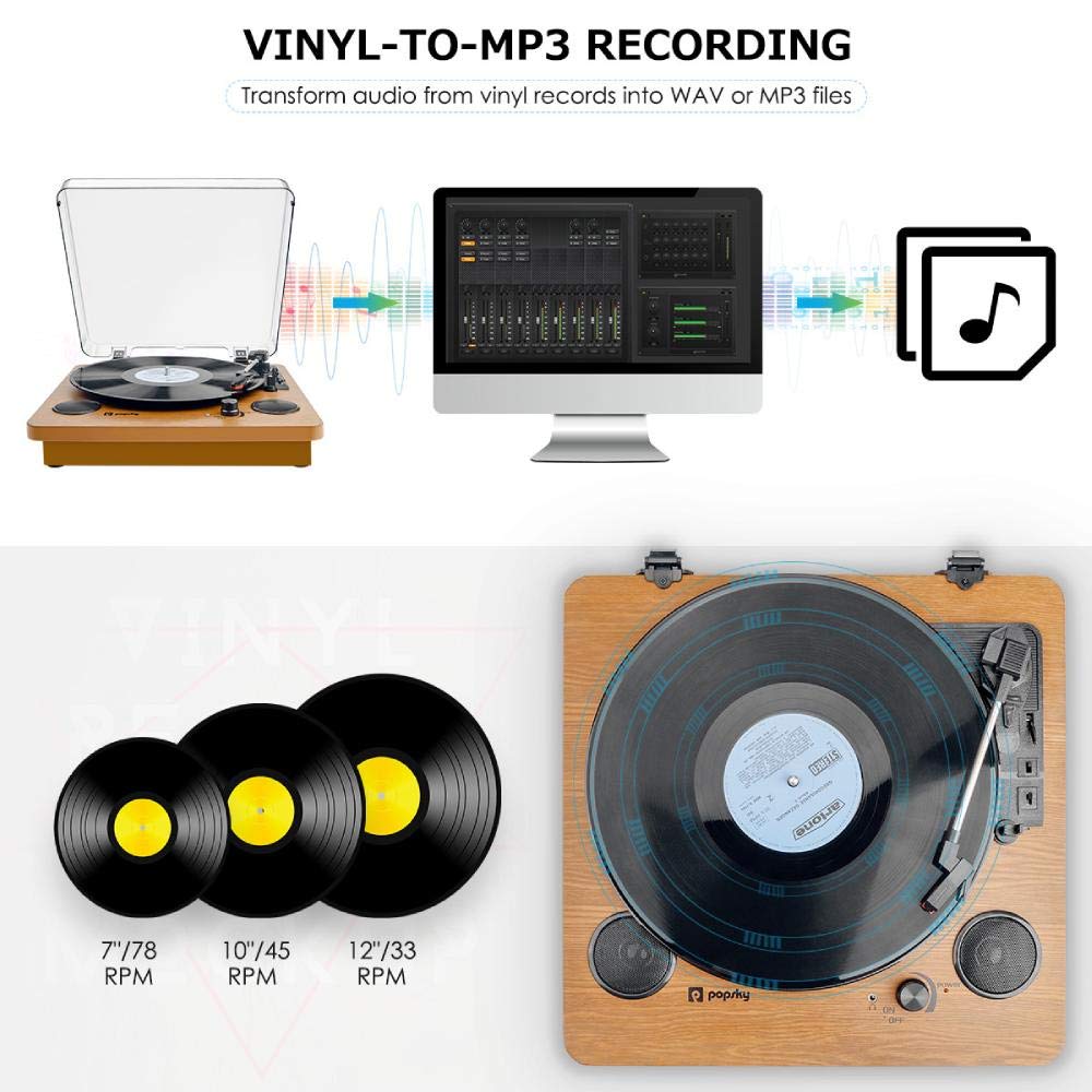 Record Player, Popsky 3 Speed Turntable Bluetooth Vinyl Record Player With Speaker, Portable Lp Vinyl Player, Vinyl To Mp3 Recor