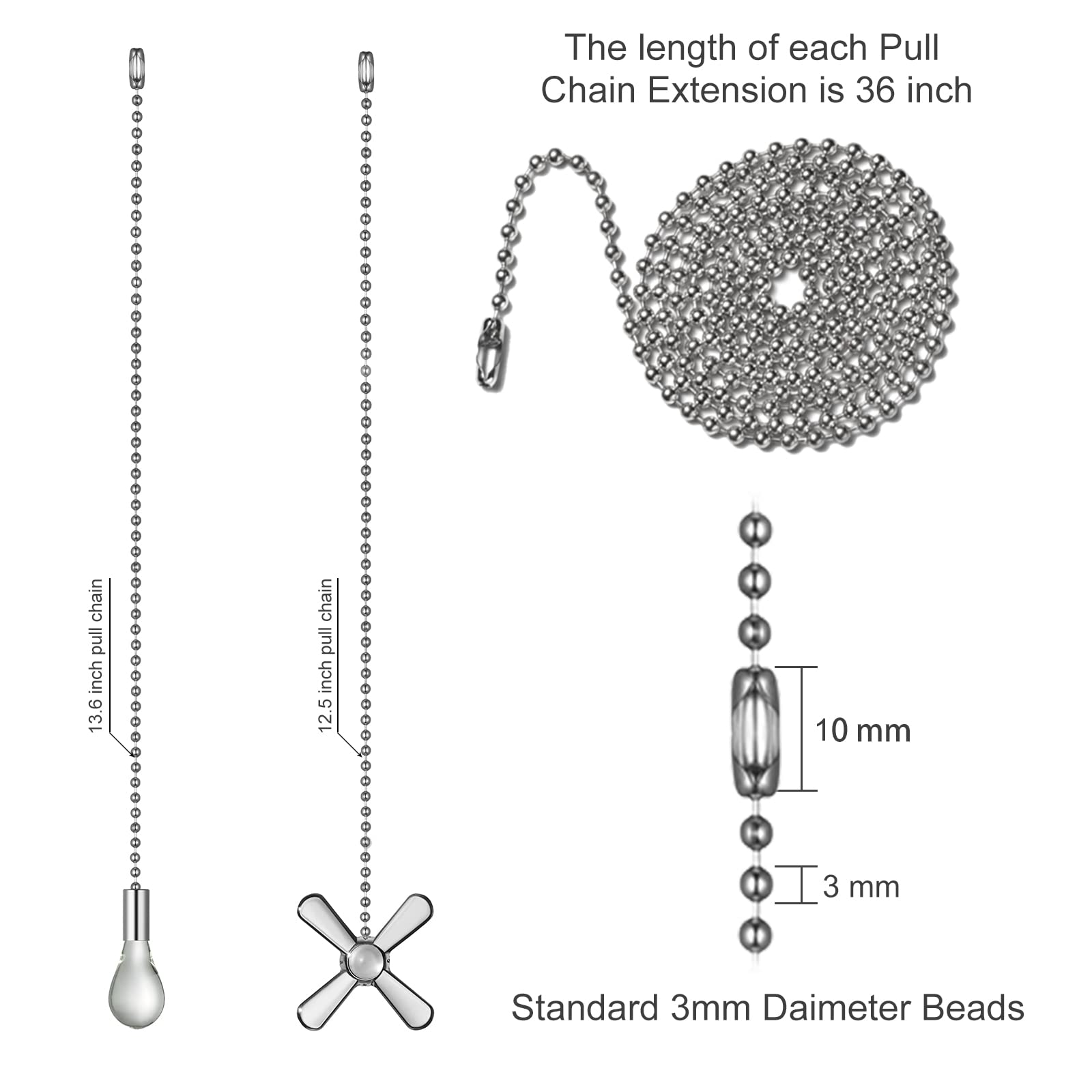 Elfcab Ceiling Fan Pull Chain Set 4Pcs 3Mm Diameter Beaded Ball 12 Inches Pendant Decorative 2Pcs 36 Inches Extension, Extra 8Pc