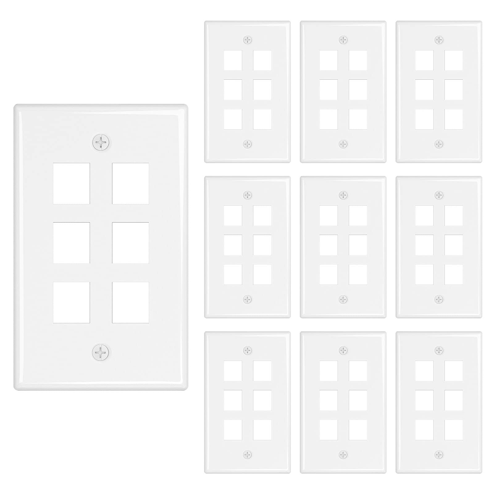 Iwillink 6 Port Keystone Jack Wall Plate 10 Pack, Low Profile Ethernet Wall Plate Single Gang Wall Plates For Keystone Jack, Whi